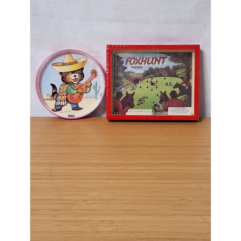 Vintage Pair Of Dexterity Puzzles From 1950s Foxhunt & Cat Guitarist Lot Of 2